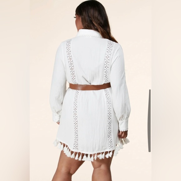 L’ATISTE White Detailed button down shirt dress with self tie faux leather belt - Picture 5 of 11